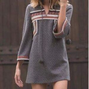 NWOT Esley Gray Mini Dress with Patterned Accents Embroidered size MED